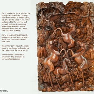 May include: Intricately carved wooden wall art depicting a scene of wild horses in a forest setting. The horses are in a dynamic pose, with their manes flowing in the wind. The wood is a rich brown colour, and the carving is very detailed.