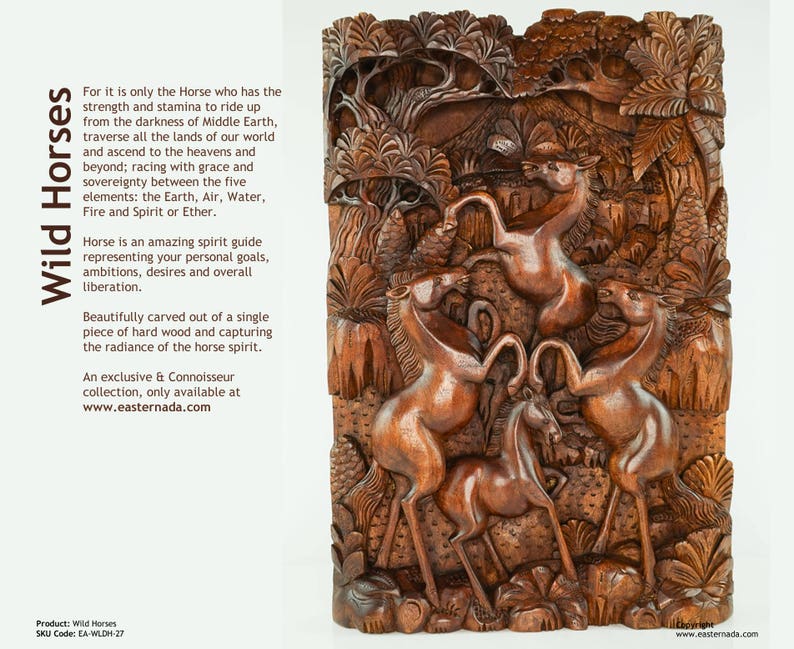 May include: Intricately carved wooden wall art depicting a scene of wild horses in a forest setting. The horses are in a dynamic pose, with their manes flowing in the wind. The wood is a rich brown colour, and the carving is very detailed.
