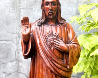 Hand-carved Teakwood Jesus Statue – Sacred Heart Christian Sculpture (55 cm)