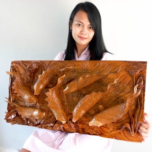 Gesneden houten muurkunst - Koi vissen teakhout Good Luck Feng Shui kamerdecoratie | Slaapkamer Woonkamer Decor | King Queen hoofdeinde | Cadeau