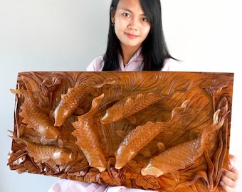 Hand Carved Teak Wood Koi Fish Wall Art – Feng Shui Good Luck Decor