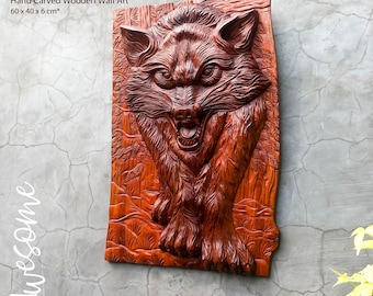 Hand Carved Teakwood Wolf Wall Art, Unique Home Decor