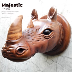 African Rhino Head - Hand Carved Solid Teakwood Large Decorative Sculpture Wall Art | African Wildlife Animal Nature Safari