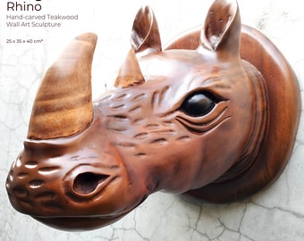 African Rhino Head - Hand Carved Solid Teakwood Large Decorative Sculpture Wall Art | African Wildlife Animal Nature Safari