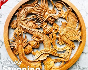 Hand Carved Teakwood Dragon Phoenix Wall Art – 50cm Yin Yang Mandala Sculpture