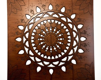 Hand Carved Wooden Wall Art - Large Room Decorative Mandala Brown Panel Headboard Sculpture 48" x 48" inches