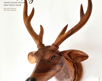 Deer Buck Stag Head - Hand Carved African Safari Wooden Large Room Decorative Sculpture Wall Art Unique Gift Antique