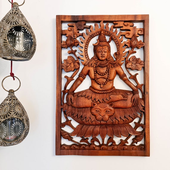 Hindu God Lord Shiva Siva Wooden Wall Art Sculpture Decoration