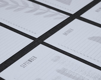 May include: A set of monthly calendar pages with a simple design. Each page features a different graphic element, such as a triangle, leaves, or a cityscape. The months are labelled in black text.