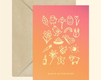 Kaart met kleurrijke paasgroeten + envelop