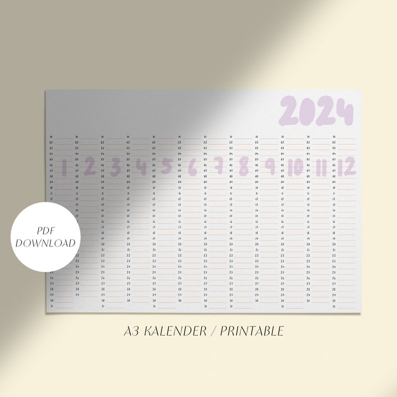 Calendar 2024 / Year Planner / Printable / A3 / PDF Etsy