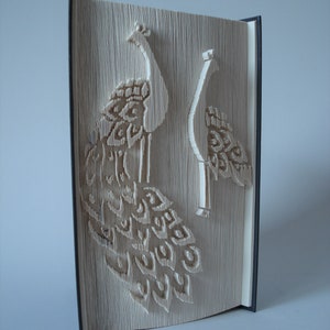 May include: A book with a 3D pop-up design of two peacocks. The peacocks are made of folded paper and have intricate details. The book is closed and standing upright on a white surface.