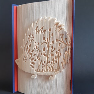 May include: A book with a 3D pop-up design of a hedgehog surrounded by flowers and leaves. The book is bound in red and blue fabric.