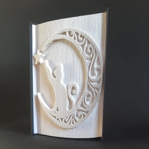 Peut inclure: Un livre en papier blanc avec un design 3D pop-up d'un chat atteignant une étoile sur un croissant de lune. La lune est décorée de volutes complexes.