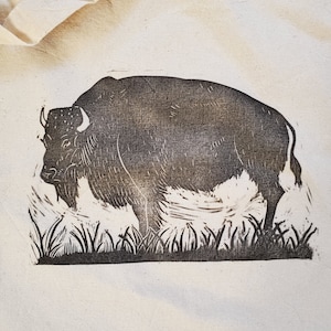 Bison Tote, Cotton Bag, Handprinted Bag, Bison Art Tote, Original Tote, Reusable Shopping Bag, Canvas Bag, Eco Bag, Craft Tote, Lightweight