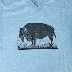 Bison T-Shirt, V-Neck Shirt, Handprinted Buffalo Tee, Original Art Shirt, Unisex Shirt, Bison Shirt, Block Print Shirt, Blue Tshirt