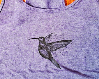 Hummingbird Tank Top, Women's Tank, Handprinted Shirt, Hummingbird Shirt, Original Art Shirt