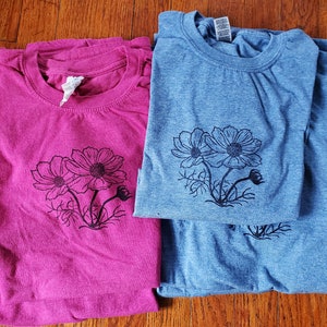 Cosmos Shirt, Handprinted Tee, Flower Shirt, Unisex Tee, Cosmos, Tshirt, Garden Shirt,