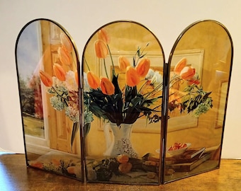 Rare Enesco Stain Glass " Spring Bouquet "  3 Panel Table Top  Screen  Divider used