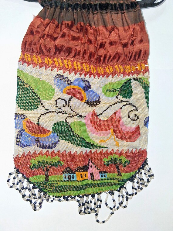 Handmade Micro Beaded  Drawstring Brown/Black Sil… - image 3