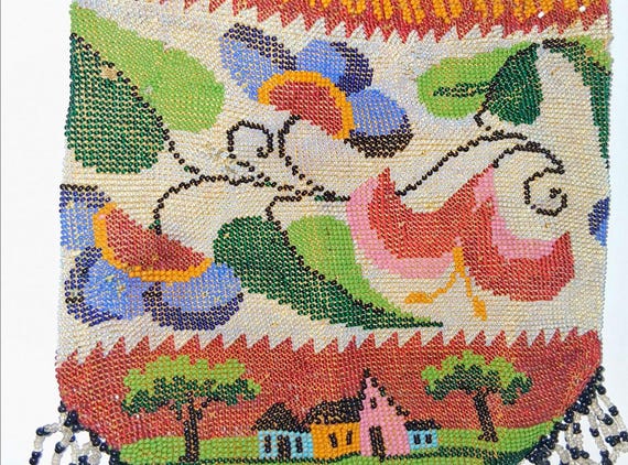 Handmade Micro Beaded  Drawstring Brown/Black Sil… - image 4