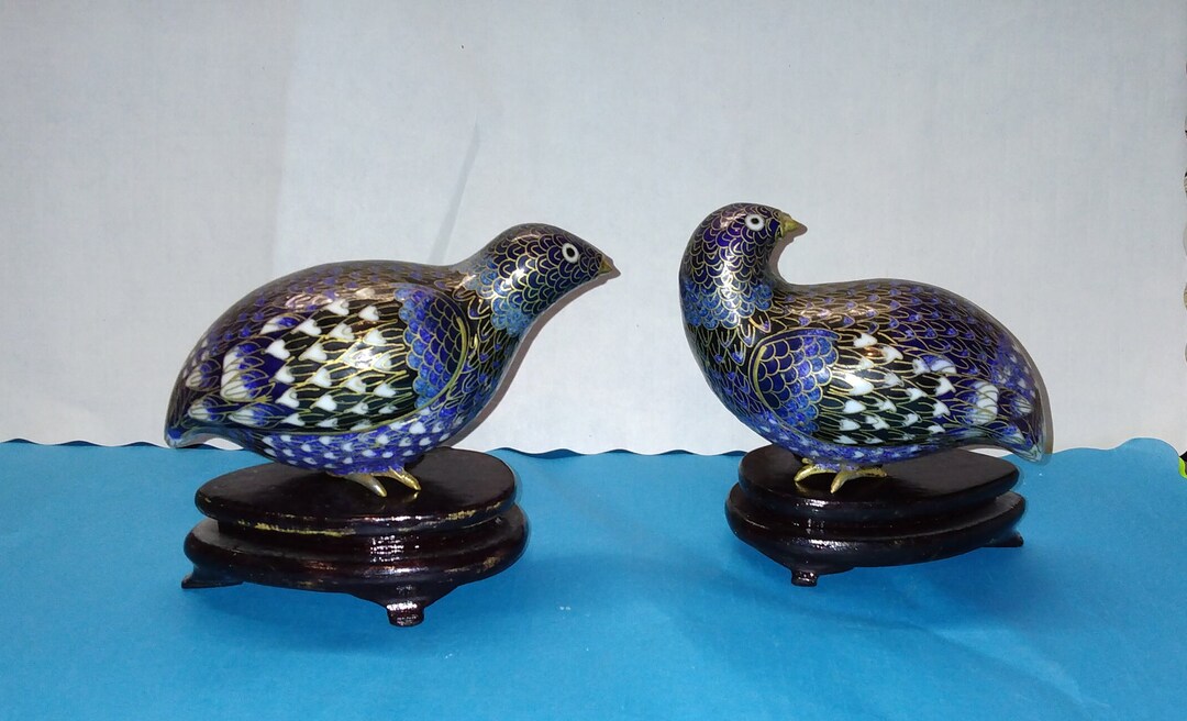 Blue Chinese Cloisonne Quail Bird Figurine With Wooden Stand Etsy