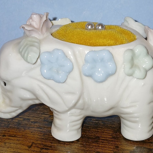 White Bone China Elephant Shape Pin Cushion with 3D Flowers used