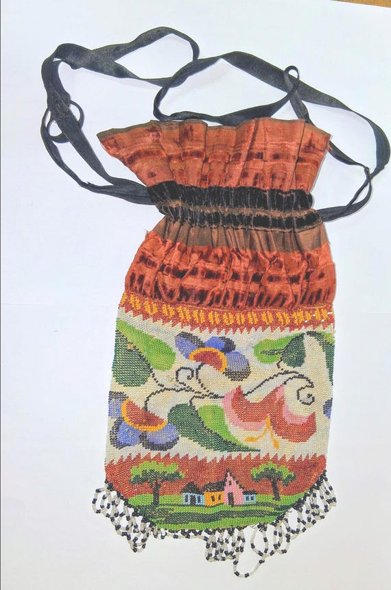 Handmade Micro Beaded  Drawstring Brown/Black Sil… - image 1