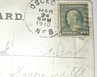 Rare 1895-1910 Double-Lined One Cent Postage Stamp Benjamin Franklin Cancelled on a Easter Postcard Marked March 1910 Osceola Nebraska used