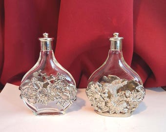 Silvestri Clear Glass  Perfume Bottle w/ Silver Hummingbird Filigree or Silver Flowers Filigree French 4.5" Bottle Empty used Sold as each