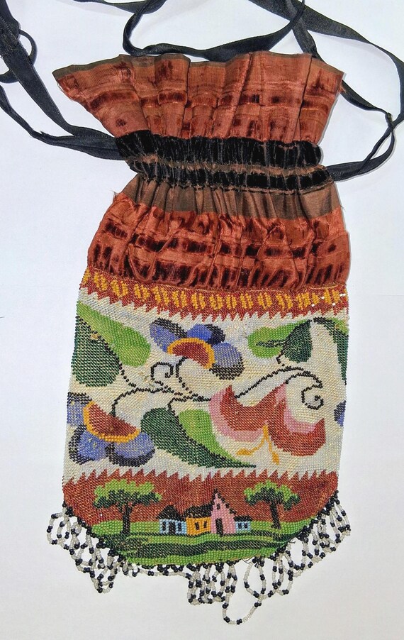 Handmade Micro Beaded  Drawstring Brown/Black Sil… - image 2