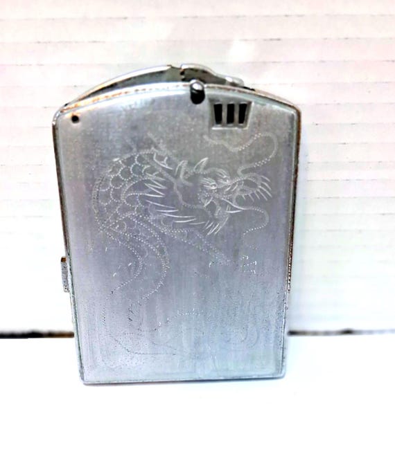 Vintage Silver Chromium Etched Dragon Cigarette Case Lighter