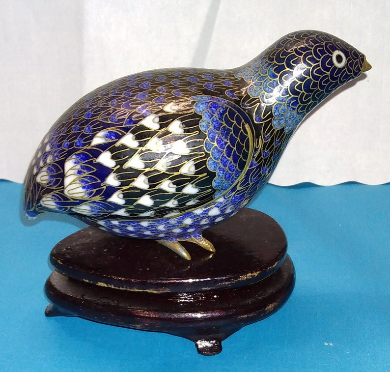 Blue Chinese Cloisonne Quail Bird Figurine With Wooden Stand Etsy