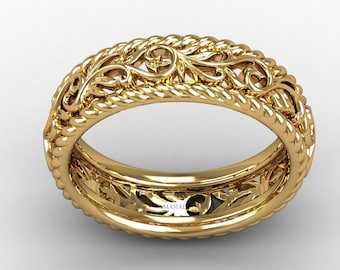 14K Gold Filigree Floral And Rope Design Wedding Band Ring