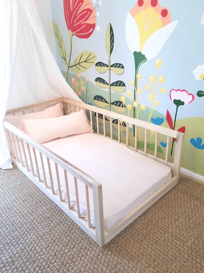 Twin Or Full Montessori Floor Bed With Three Round Spindle Image 0