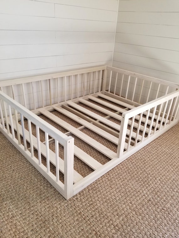Full Size Montessori Floor Bed To Raised Bed Frame Convertible With Rails Full Floor Bed Hardwood 4 Railing Legs Slats