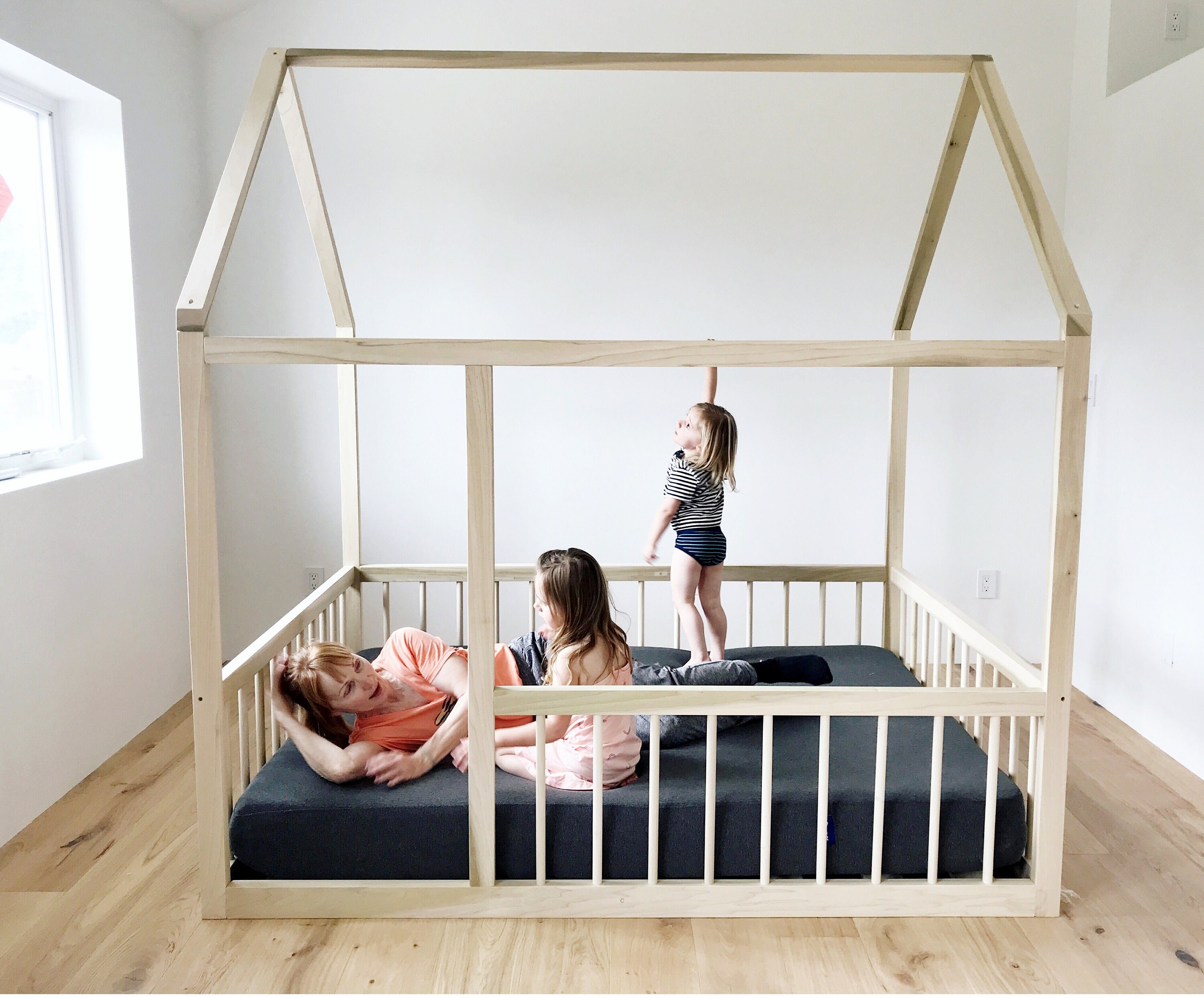 Full Montessori Floor House Bed Frame With Four Removable Railings Made In Usa