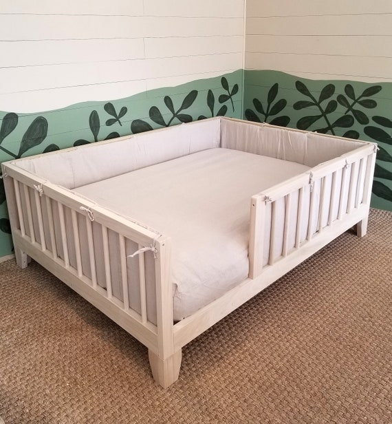 Full Size Montessori Floor Bed To Raised Bed Frame Convertible With Rails Full Floor Bed Hardwood 4 Railing Legs Slats