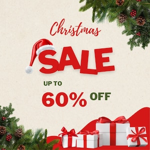Puede incluir: Gr&aacute;fico de venta de Navidad con un gorro de Pap&aacute; Noel rojo y la palabra REBAJAS en letras rojas grandes. El texto "Hasta un 60% de descuento" est&aacute; debajo de la palabra REBAJAS. La imagen tambi&eacute;n presenta un &aacute;rbol de Navidad rojo, blanco y verde y cajas de regalo.