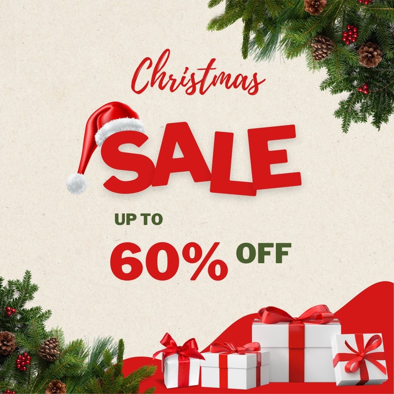 Puede incluir: Gr&aacute;fico de venta de Navidad con un gorro de Pap&aacute; Noel rojo y la palabra REBAJAS en letras rojas grandes. El texto "Hasta un 60% de descuento" est&aacute; debajo de la palabra REBAJAS. La imagen tambi&eacute;n presenta un &aacute;rbol de Navidad rojo, blanco y verde y cajas de regalo.