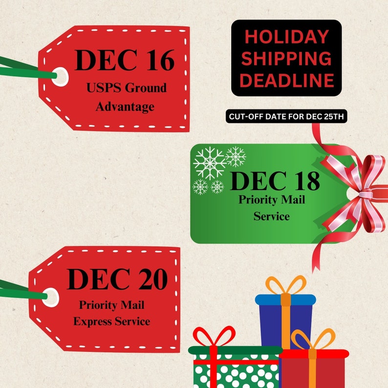 Puede incluir: Etiquetas de regalo rojas y verdes con copos de nieve blancos y texto que dice "DEC 16 USPS Ground Advantage", "DEC 18 Priority Mail Service" y "DEC 20 Priority Mail Express Service". El texto "HOLIDAY SHIPPING DEADLINE CUT-OFF DATE FOR DEC 25TH" est&aacute; en un rect&aacute;ngulo negro. Hay tres regalos envueltos con papel rojo, verde y azul.