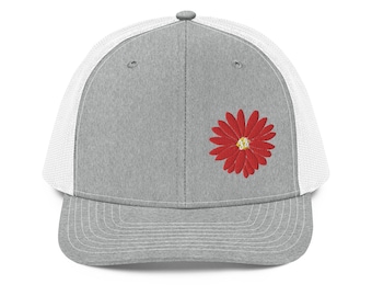 Red Daisy Offset Embroidery Trucker Cap | R112 | Billy Lot | 33 Lid | BMFS
