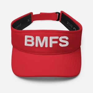May include: Red visor with a white embroidered "BMFS" logo.