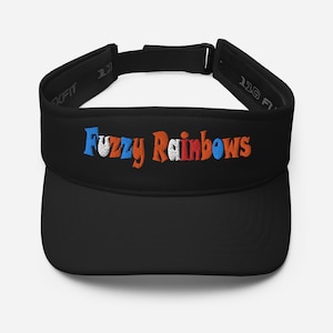 May include: Black visor with an embroidered "Fuzzy Rainbows" logo in blue, orange, and red lettering.