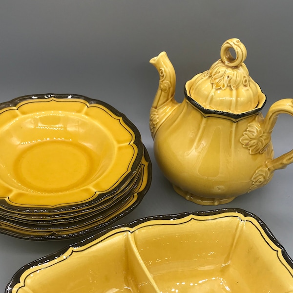 Metlox Poppytrail’s La Mancha Gold Coffee Pot, Cup, Serving Bowls And Rimmed Soup bowls