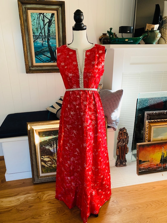 Vintage Red Brocade Gown/ 1960’s Vintage Prom Dre… - image 1