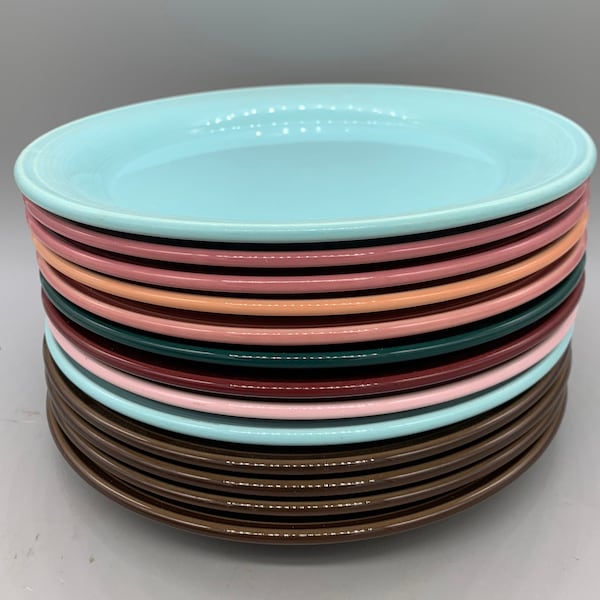 Nancy Calhoun’s Solid Color and Rondo Stoneware Salad Plates/ Light Rose, Light Aqua and Light Blue, Hunter G, Honey, Raspberry, Grey, White