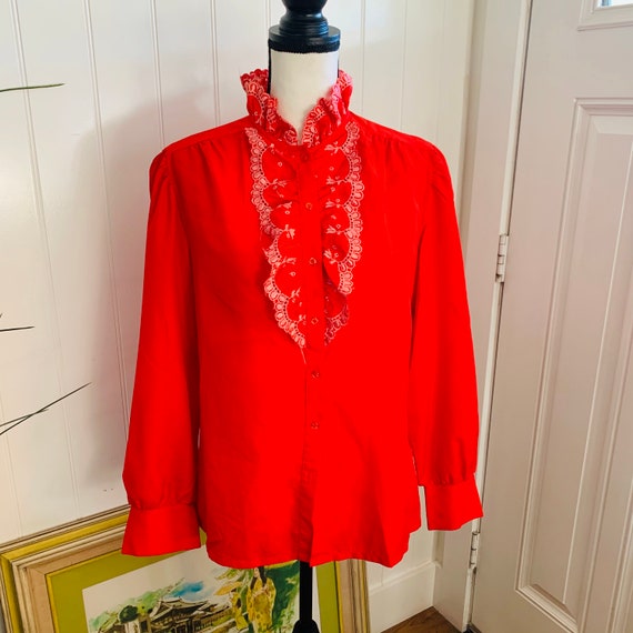 Vintage 1970’s Jonquil Red Ruffled Button Down - image 1