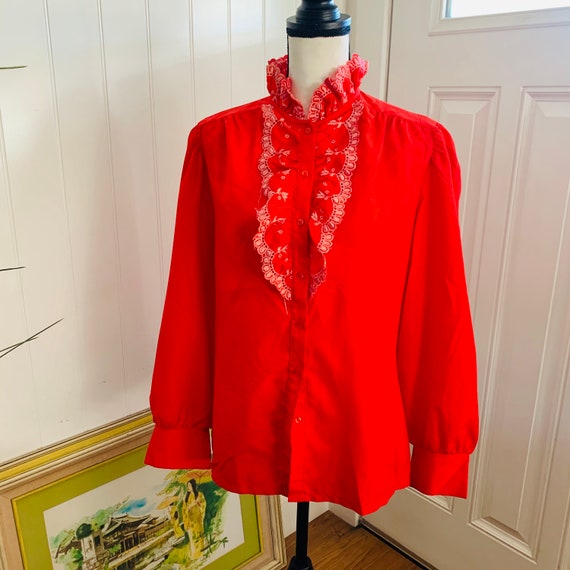 Vintage 1970’s Jonquil Red Ruffled Button Down - image 9