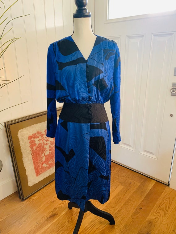 1980’s Flora Kung Silk Blue and Black Dress